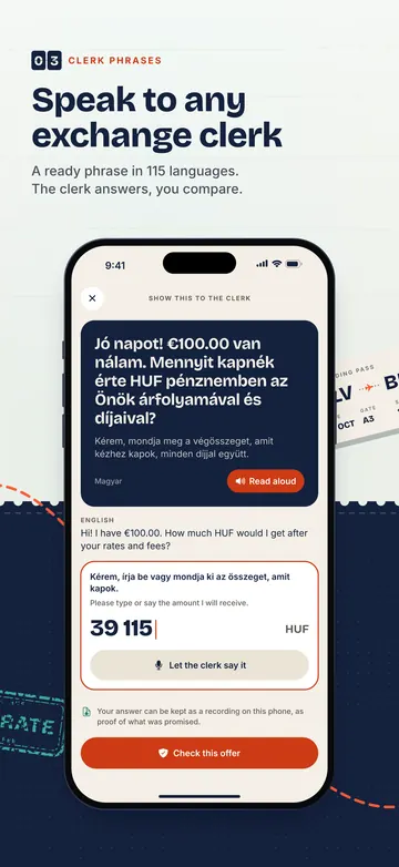 Clerk phrases: Speak to any exchange clerk. A ready phrase in 115 languages. The clerk answers, you compare.