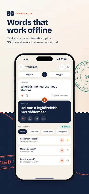 Translator: Words that work offline. Text and voice translation, plus 30 phrasebooks that need no signal.