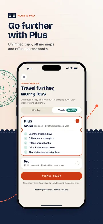 Plus & Pro: Go further with Plus. Unlimited trips, offline maps and offline phrasebooks.